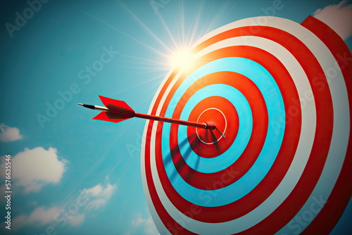 red darts arrows in the target with blue sky background, target or goal success, Made by AI, Artificial intelligence