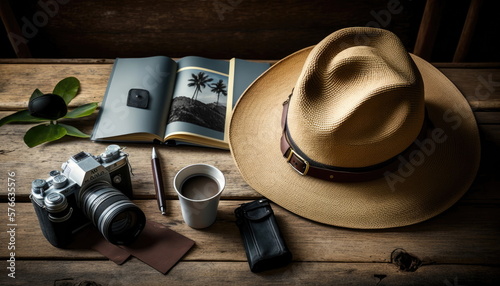 top view work space  travel on holidays  relax  passport with hat and camera on wooden