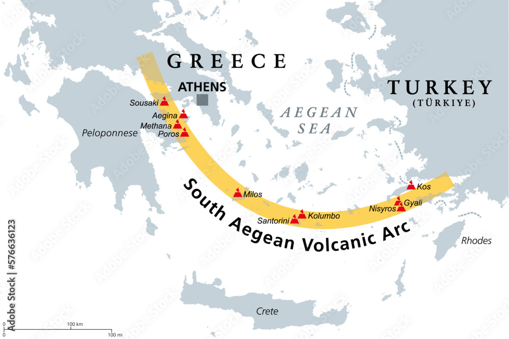 South Aegean Volcanic Arc map. Chain of volcanoes formed by plate tectonics, caused by subduction of the African beneath the Eurasian plate, raising the Aegean arc across what is now the Aegean Sea.