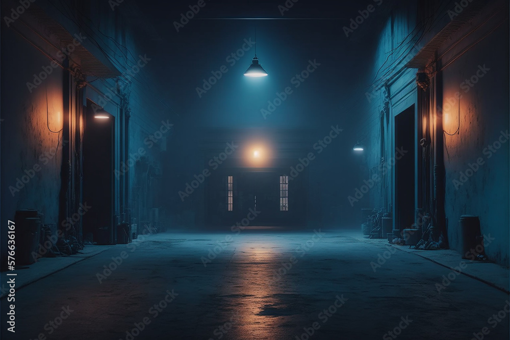 Big Large Neon Laser Blue Dark Night Warehouse Tunnel Corridor Concrete Garage. Futuristic dark podium with light and reflection background. 