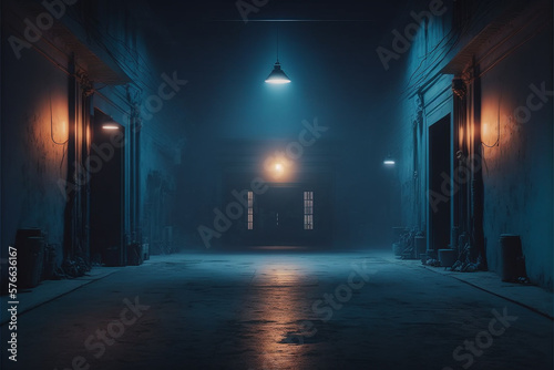 Big Large Neon Laser Blue Dark Night Warehouse Tunnel Corridor Concrete Garage. Futuristic dark podium with light and reflection background. 