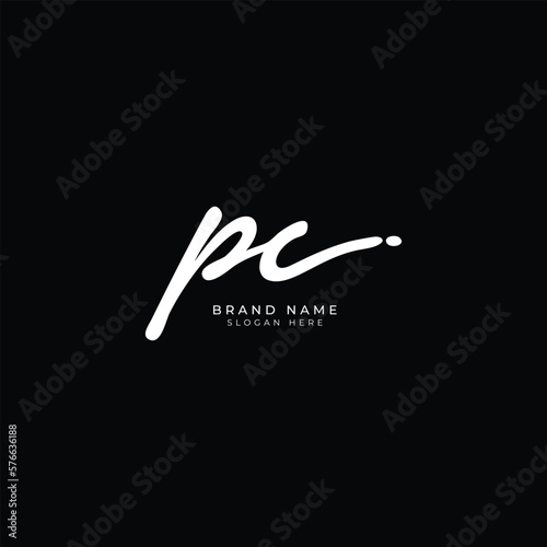 P, C, PC Initial letter handwriting and signature vector logo