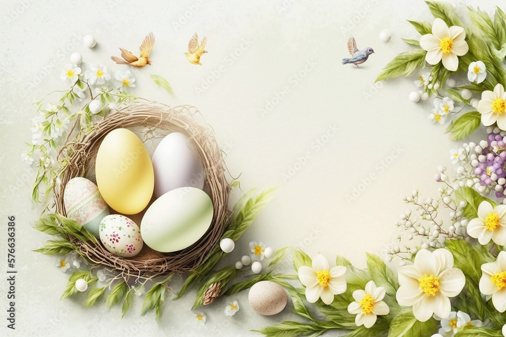 Easter wallpaper in pastel scolors with copy space for text. Easter eggs in a wicker nest with birds and spring flowers around on a light background. Generative AI