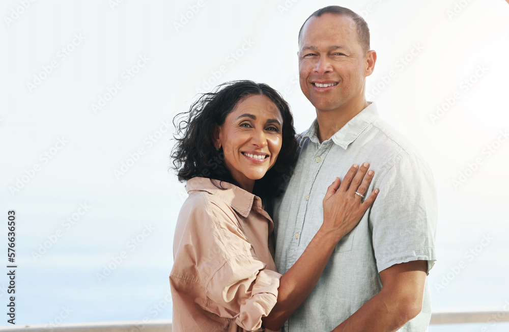 Portrait, smile and senior couple by beach, hug and enjoying quality time on holiday or vacation. Love, care and retired happy man and woman hugging, embrace or cuddle while having fun by ocean. Portrait, smile and senior couple by beach, hug and enjoying quality time on holiday or vacation. Love, care and retired happy man and woman hugging, embrace or cuddle while having fun by ocean.