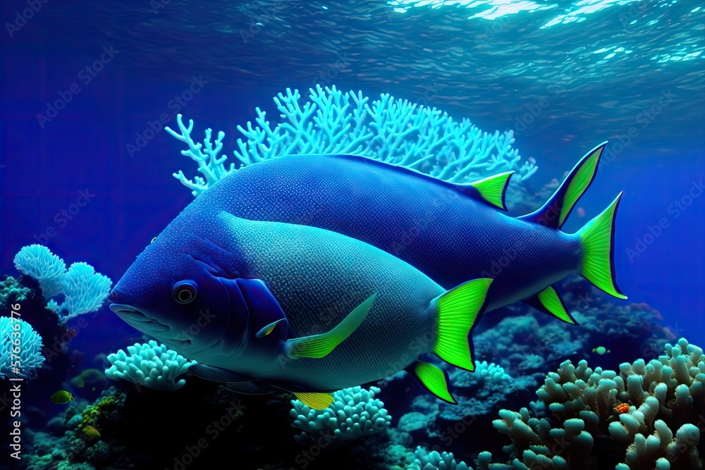 Fototapeta premium Underwater coral reef landscape with fish, generative ai, in the deep blue ocean with colorful marine life