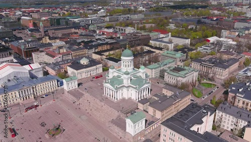 Helsinki: Aerial view of capital city of Finland, sunny spring day, Senate Square (Senaatintori) with Helsinki Cathedral (Helsingin tuomiokirkko) - landscape panorama of Northern Europe from above photo