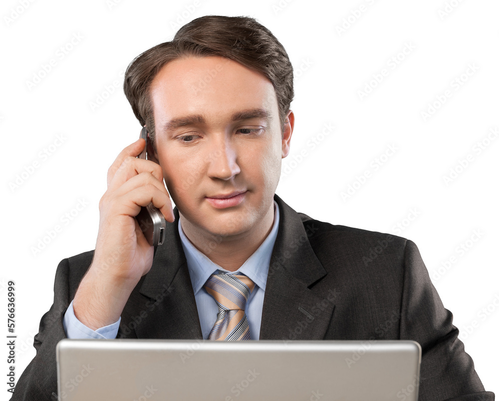 Portrait of young businessman in black suit holding phone isolated on white background Portrait of young businessman in black suit holding phone isolated on white background