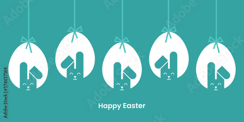 Happy Easter, geometric style Easter card, banner. Easter eggs, rabbit. Hanging Easter eggs. Vector 
