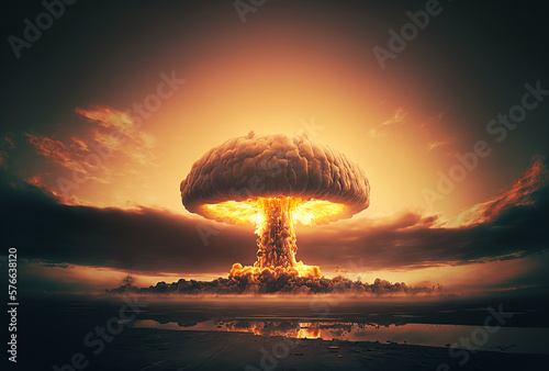 Illustration of landscape witk huge nuclear bomb explosion. Generative AI. photo