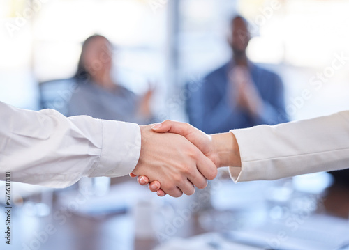 Handshake, teamwork and b2b partnership, agreement or deal, contract or onboarding. Thank you, welcome and business people shaking hands for collaboration, hiring or crm, recruitment or greeting.