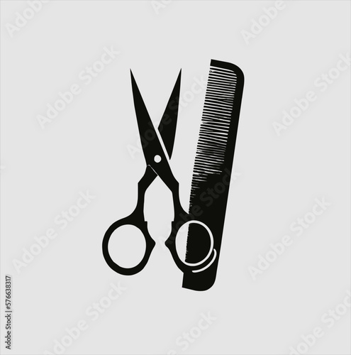 Hair scissors and comb graphic icon. scissors and comb isolated on gray background. Barber symbol. Vector illustration, scissors and comb logo