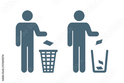 Do not litter symbol, tidy man puts garbage in a recycle bin
