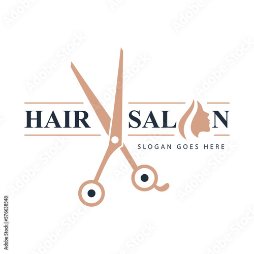 Beautiful salon logo design template. Hairstyle, beauty haircut with scissors vector and woman face.