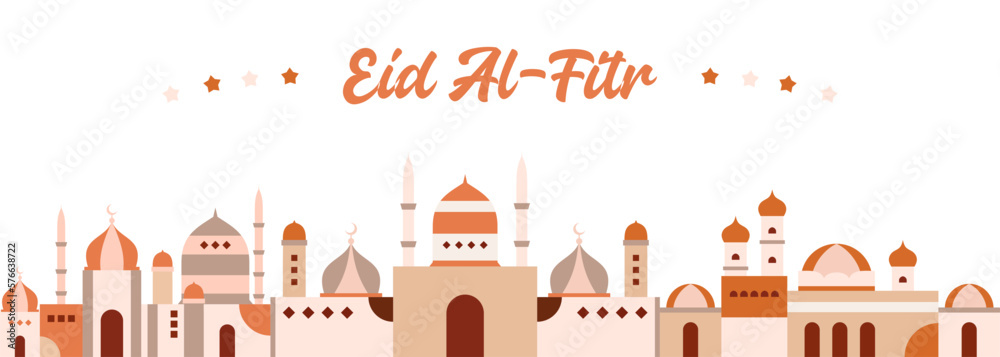 Eid al fitr banner background with many mosque and stars.