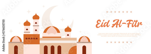 Eid al fitr banner background with mosque and moon.