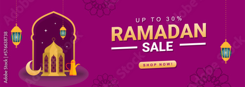 Ramadan sale banner background with lantern, moon and teapot.