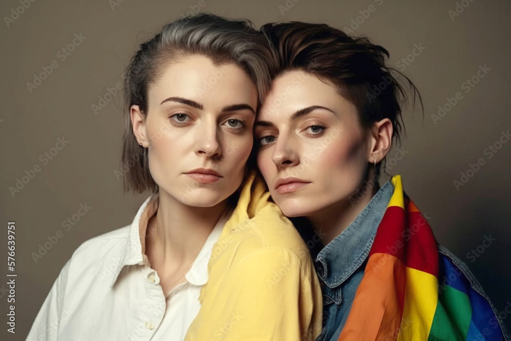 A lesbian couple holding a flag with rainbow colors looking at the camera smiling - Generative AI A lesbian couple holding a flag with rainbow colors looking at the camera smiling - Generative AI
