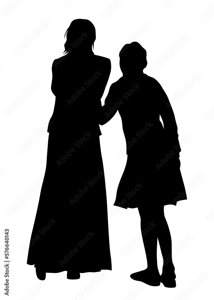 Mother and daughter walking. Silhouette people on white background