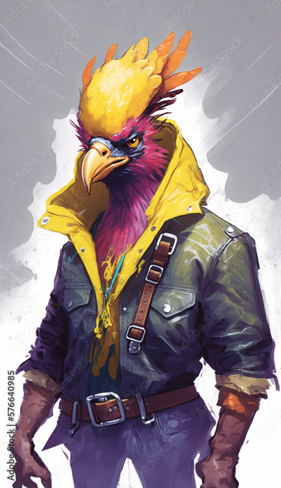 Chicken Wearing A Neon Leather Jacket Fashion Model Generative AI Digital Illustration Part#010323 