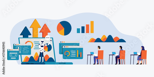 Teacher bot teach financial analysis 2d vector illustration concept for banner, website, illustration, landing page, flyer, etc.