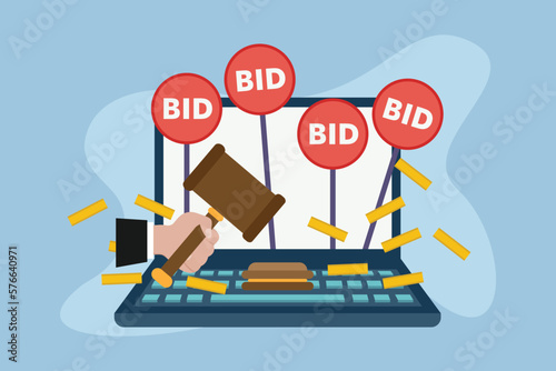 Hand holding gavel with laptop Auction online 2d vector illustration concept for banner, website, illustration, landing page, flyer, etc.