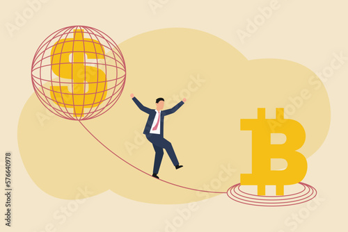 Businessman exchanging bitcoins and dollars 2d vector illustration concept for banner, website, illustration, landing page, flyer, etc.