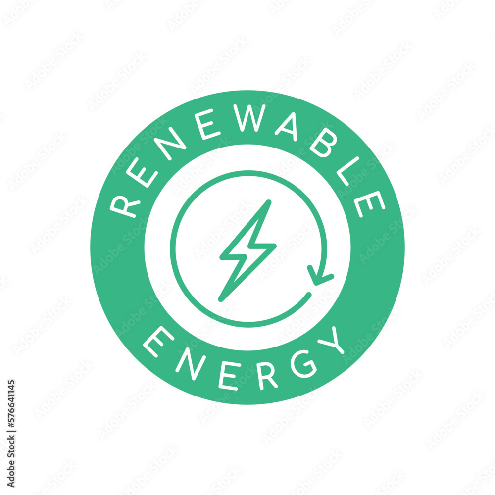 Renewable energy logo with text. Green round badge with lightninig bolt. Sustainable energy sources. Nature power generation arrow. Recycle power resources emblem. Vector illustration, flat, clip art Renewable energy logo with text. Green round badge with lightninig bolt. Sustainable energy sources. Nature power generation arrow. Recycle power resources emblem. Vector illustration, flat, clip art