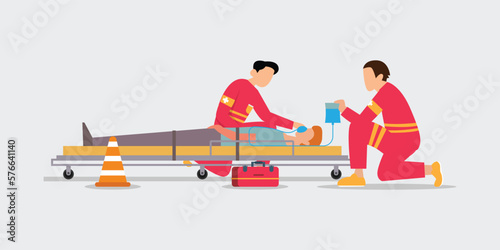 Paramedics and patient on road 2d vector illustration concept for banner, website, illustration, landing page, flyer, etc.