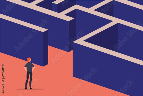 Businessman standing in front of the entrance to the maze 2d vector illustration concept for banner, website, illustration, landing page, flyer, etc. photo