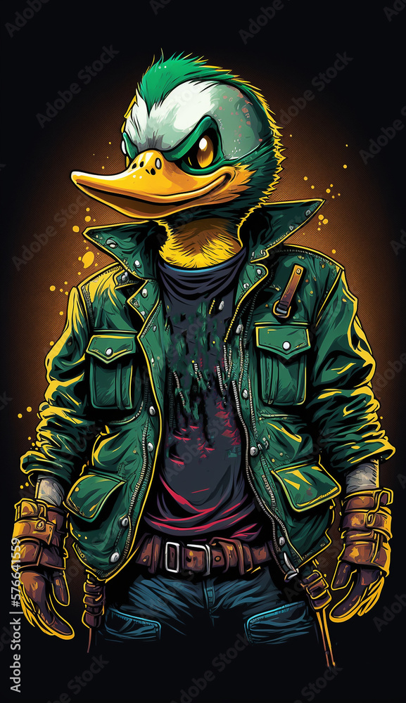 Duck Wearing A Neon Leather Jacket Fashion Model Generative AI Digital Illustration Part#010323 