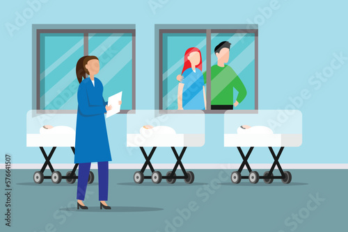 Newborn care hospital nursery ward interior with babies in cribs 2d vector illustration concept for banner, website, illustration, landing page, flyer, etc.