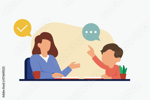 Male student asking to his mother or teacher 2d vector illustration concept for banner, website, illustration, landing page, flyer, etc.