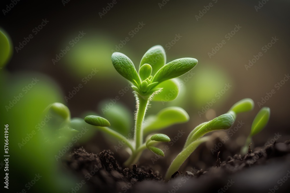 Green sprout growing out from soil with sunlight. Generative AI Green sprout growing out from soil with sunlight. Generative AI