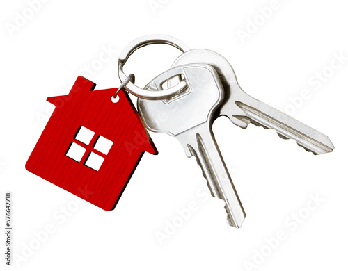House keys with red house shaped keychain isolated on transparent photo