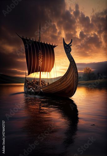 Viking ship in a picturesque place. AI generated photo
