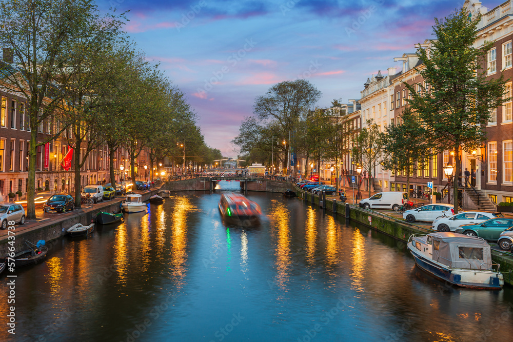 canal at night in Amsterdam in Holland, Netherlands