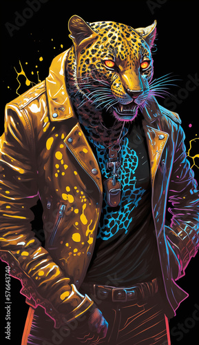 Leopard Wearing A Neon Leather Jacket Fashion Model Generative AI Digital Illustration Part#010323 