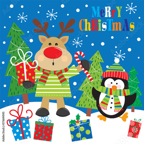 christmas card with reindeer and penguin