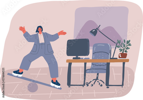 Emotional intelligence, balance emotion control feeling between work stressed or sadness and happy lifestyle concept, mindful calm woman using her hand to balance smile and sad face.