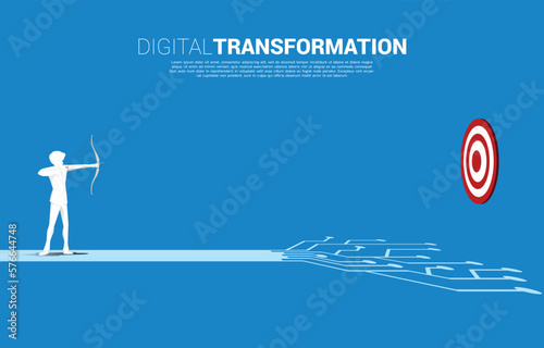 Businessman in suit shoot the arrow to target on the way with dot connect line circuit. concept of digital transformation of business.