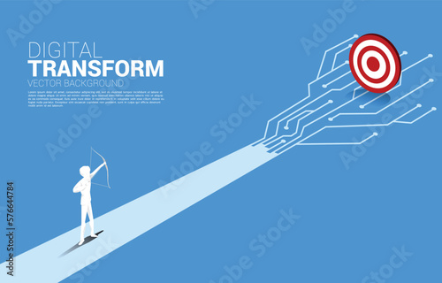 Businessman in suit shoot the arrow to target on the way with dot connect line circuit. concept of digital transformation of business.