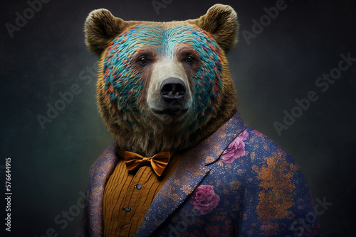 Portrait of a Bear Dressed in a Colorful Suit, Creative Stock Image of Animals in Suit. Generative AI