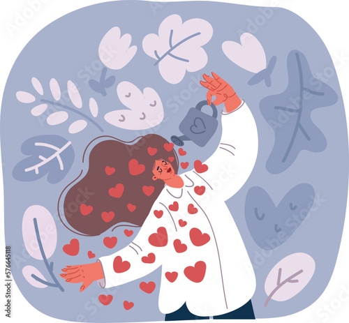 The woman looks at herself in the mirror. A woman who is satisfied and loves herself. Healthy self-awareness, self-esteem illustration.