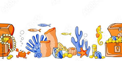 Seabed with treasure chest, gold, gems, jewelry and underwater inhabitants on white background. Cartoon vector illustration for children's decoration. Seamless border.