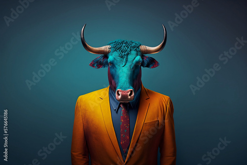Portrait of a Bull Dressed in a Colorful Suit, Creative Stock Image of Animals in Suit. Generative AI © ShadowHero