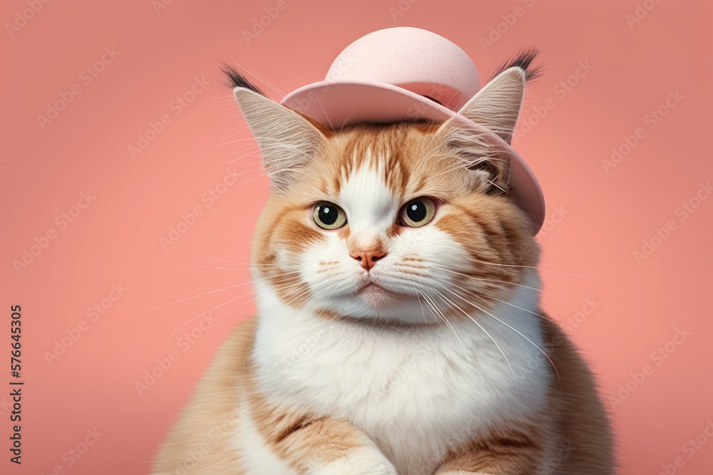 Cat dressed as a rabbit poses for a photo. The cat is wearing a lovely hat with bunny ears and is sitting on a pink background. Wishing you a wonderful Easter!. Generative AI