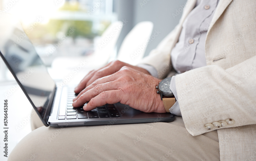 Typing, senior and laptop with hands of man in waiting room for job interview, information and search. Application, hiring and online with person in office for planning, internet and preparation Typing, senior and laptop with hands of man in waiting room for job interview, information and search. Application, hiring and online with person in office for planning, internet and preparation