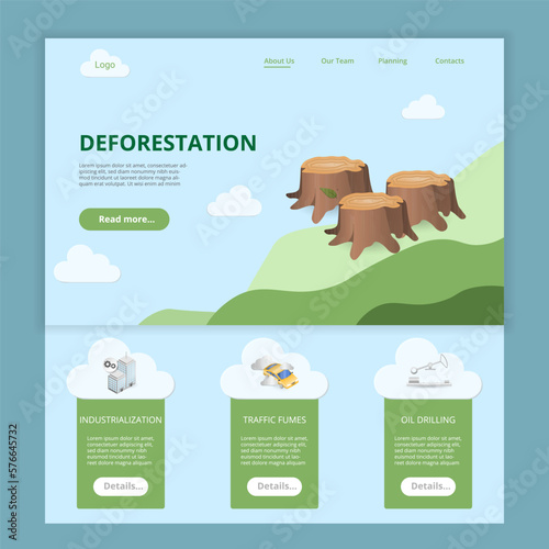 Deforestation flat landing page website template. Industrialization, traffic fumes, oil drilling. Web banner with header, content and footer. Vector illustration.