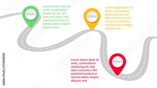infographic template with modern color pin point show road map or three steps business process information presentation