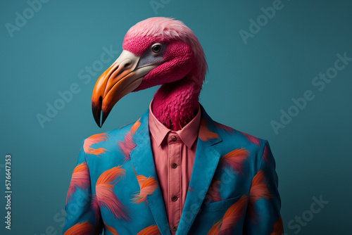 Portrait of a Flamingo Dressed in a Colorful Suit, Creative Stock Image of Bird in Suit. Generative AI